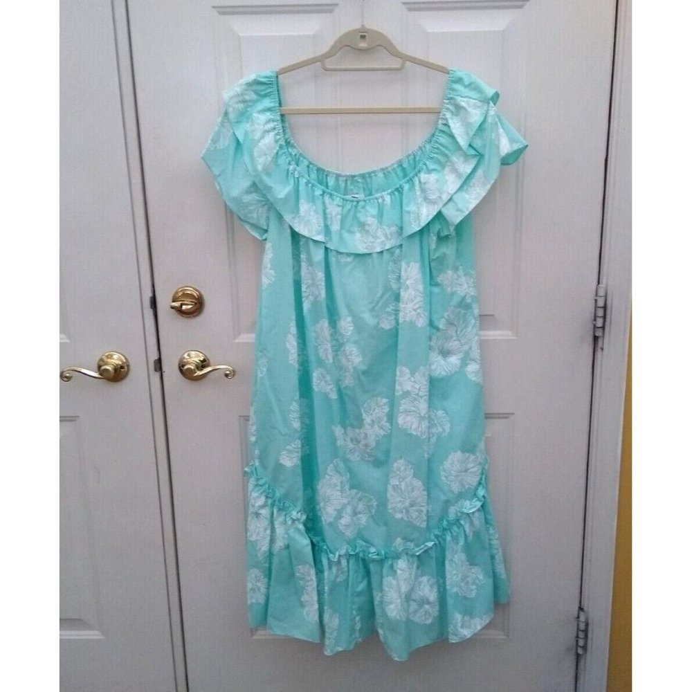 Kole Kole size XL Aqua‎ White Floral Dress off shoulder Hawaiian USA Aloha Midi